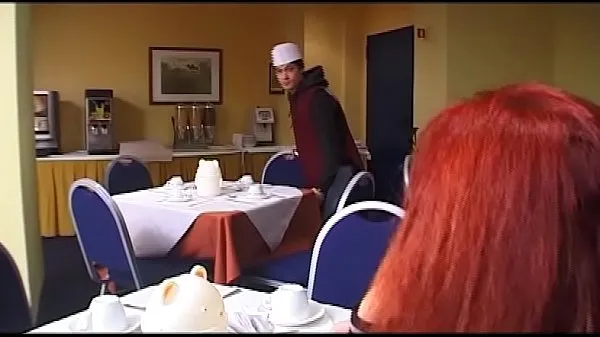 Ζεστό Old woman fucks the young waiter and his friend φρέσκο ​​σωλήνα