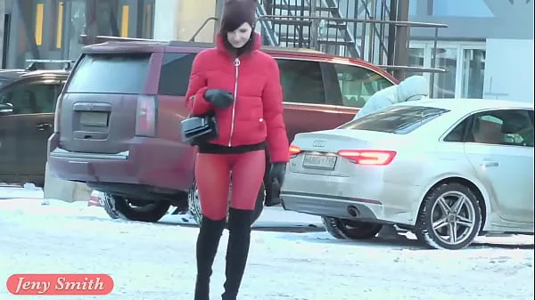 Hot Red Tights. Jeny Smith public walking in tight seamless red pantyhose (no panties fresh Tube