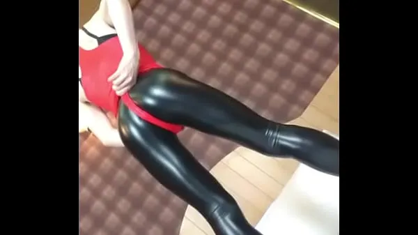 Hot no porn] Shiny Red Leotard and PU Leggings Sissy image clip ( dejavu fresh Tube